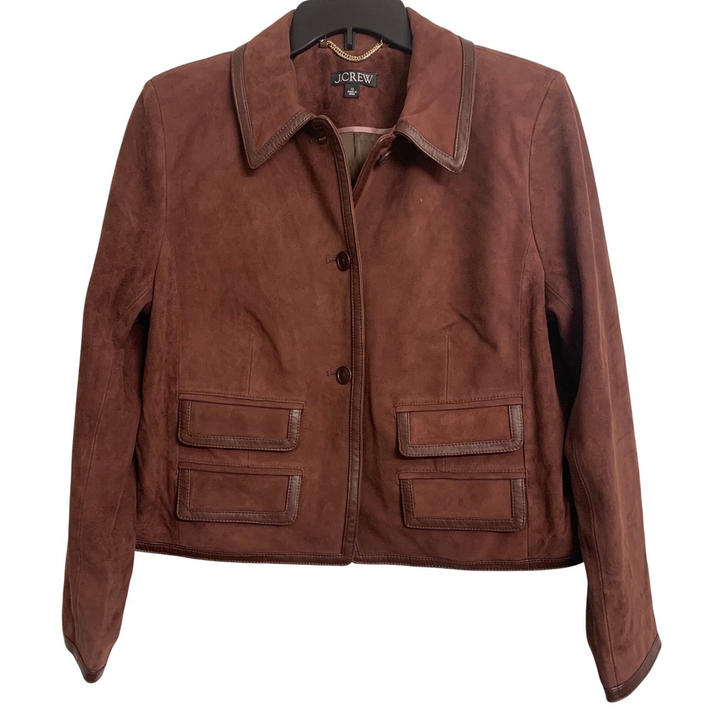 J.Crew‎ Lucie Burgundy Goat Suede Leather Trim Button Front Jacket Size 12